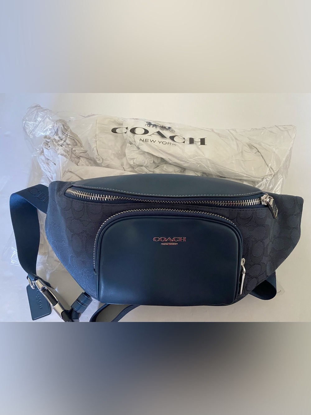 Coach CW175 Racer Belt Bag Signature Jacquard Dark Denim Blue Leather Silver NEW